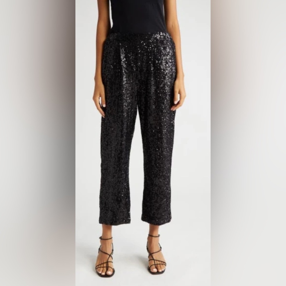 FARM Rio Straight Leg Sequin Pull On Pants in Black Size Large New
